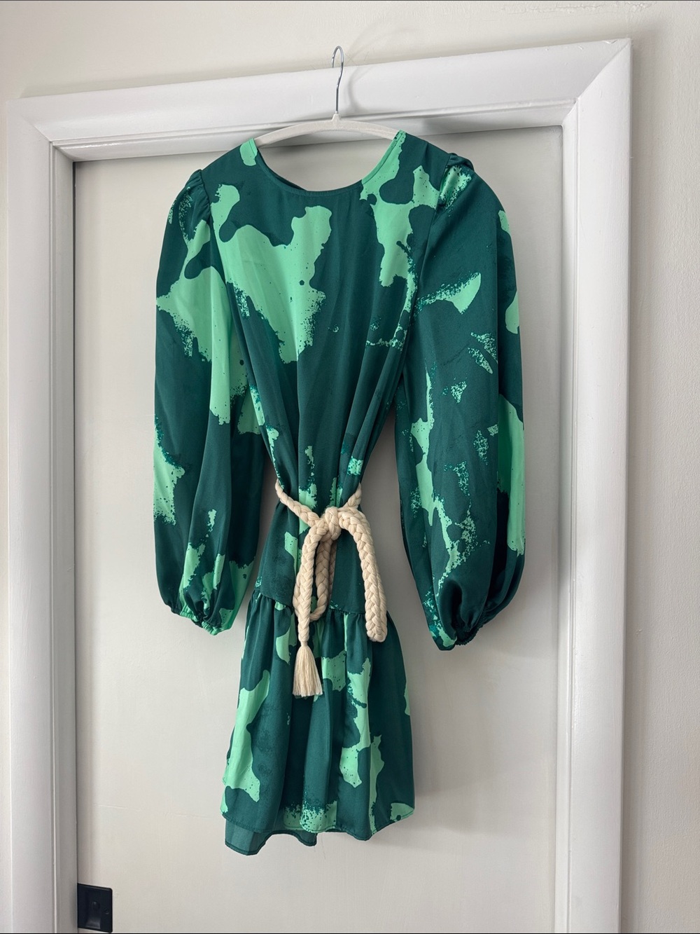 Green Patterned Puff-Sleeve Dress with Rope Belt